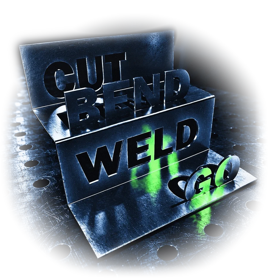 The Cut Bend Weld Go logo, cut and folded from one sheet of steel, shown on the shop's fixture table. The piece is rendered from the shop's 3D model