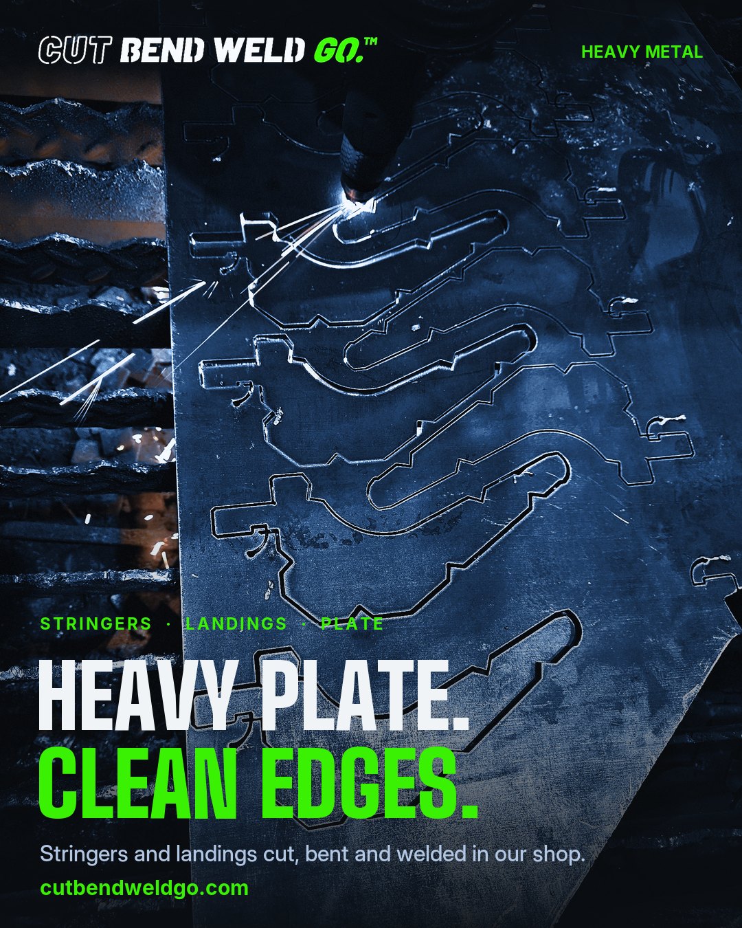 HEAVY PLATE. CLEAN EDGES. Stringers and landings cut, bent and welded in our shop.